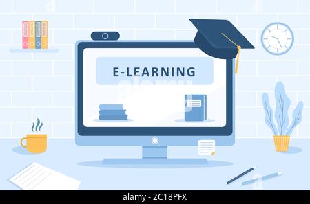 Formazione online. Concetto di progettazione piatta di formazione e tutorial video. Illustrazione vettoriale per banner di siti web, materiale di marketing, presentazione Illustrazione Vettoriale