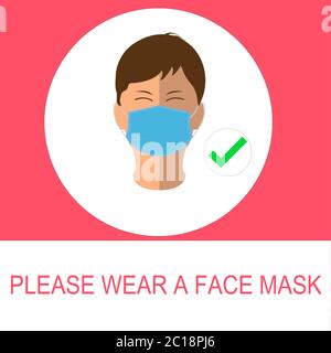 Vector medico maschera viso e testo si prega di indossare una maschera prima di entrare in questo luogo concetto prevenire Covid-19 o Corona Virus Illustrazione Vettoriale