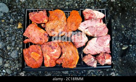 Bistecche di carne di agnello per la cottura sulla griglia monouso, Islanda Foto Stock