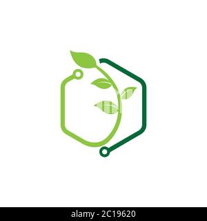 La tecnologia verde disegni logo concetto, leaf technology logo design, natura del Logo della tecnologia. Illustrazione Vettoriale