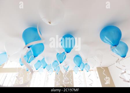 palloncini blu sotto il soffitto bianco Foto Stock