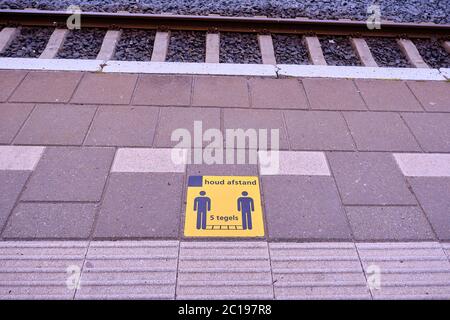 Cartello giallo sulle piastrelle della piattaforma della stazione ferroviaria di Dalfsen. Parole di distanza sociale olandese tenere cinque piastrelle, 1,5 metri di distanza, contro diffusione c Foto Stock