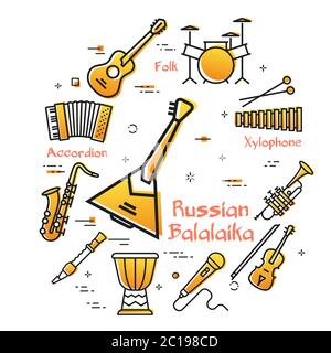 Banner vettoriale lineare per musica - balalaika russa Illustrazione Vettoriale