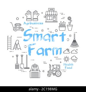 Concetto lineare banner blu vettoriale - Smart Farm Illustrazione Vettoriale