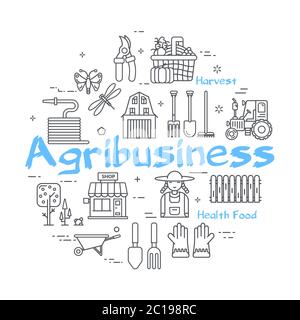 Vector banner blu concetto lineare - Agribebusiness Farm Illustrazione Vettoriale