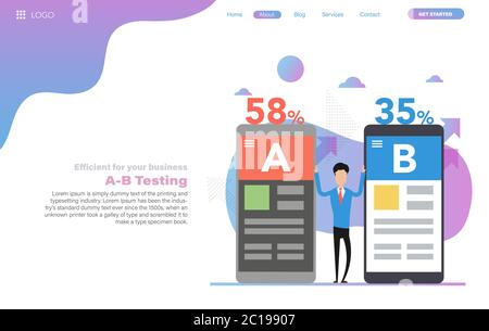 Modello di intestazione Web vettoriale per test di divisione A-B di due app mobili Illustrazione Vettoriale