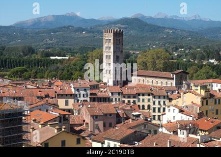 Vista sui tetti di Lucca, città murata in Toscana, Italia, tra cui la Basilica di San Frediano e il suo campanile, con le Alpi Apuane alle spalle Foto Stock
