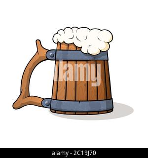 Tazza di birra in legno con birra e schiuma. Illustrazione vettoriale. Illustrazione Vettoriale