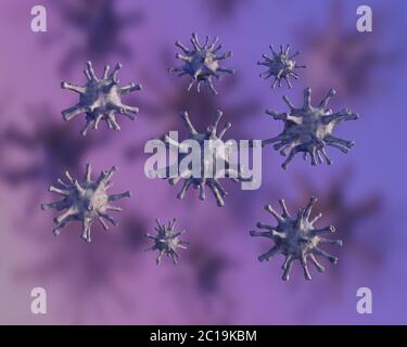 Infezione delle cellule del virus del Coronavirus Covid-19 che causa la malattia pneumatica. Virus della polmonite, SARS, influenza, organismo infettato da cellule. Vista microscopica di fluttuante Foto Stock