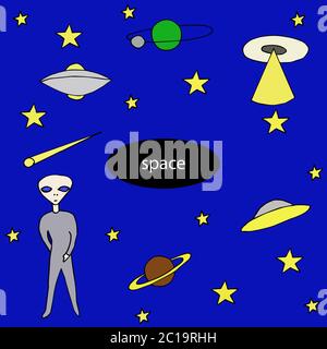 Isolato su alieni blu disegno, spazio, costellazioni Orione e piattini volanti disegno a mano, vettore Illustrazione Vettoriale