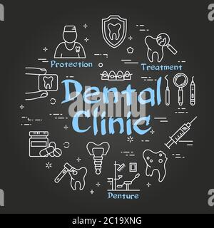 Banner Web vettoriale lineare rotondo nero - Dental Clinic Illustrazione Vettoriale