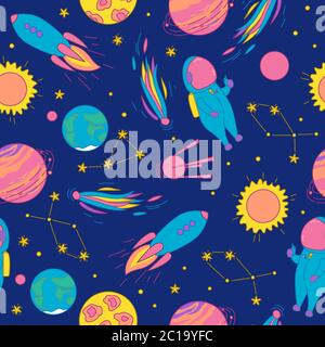 Spazio esterno modello senza giunture con astronauti, pianeti, costellazioni e altri oggetti cosmici. Design colorato per stampe su carta, tessuto e abiti Illustrazione Vettoriale
