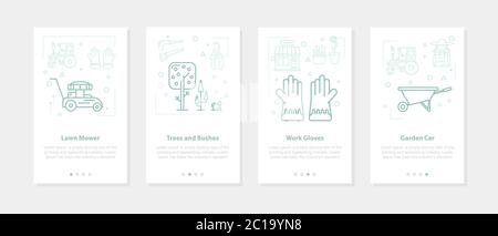 Quattro striscioni lineari su bianco - contadino, tosaerba, guanti, albero e cespuglio Illustrazione Vettoriale