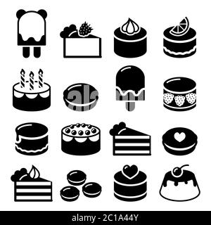 Set di icone per dessert: Torta, macaroon, gelato, torta al cioccolato, cheesecake, icone di cibo vettoriale Illustrazione Vettoriale