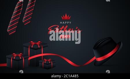 Happy Feathers Day Calligraphy biglietto di auguri sfondo nero sfondo di illustrazione vettoriale con cappelli, fascetta e scatola regalo Red Black Men colore nero Illustrazione Vettoriale