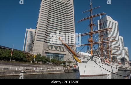 Nippon Maru ex nave da addestramento al lungomare di Yokohama, Giappone. Foto Stock