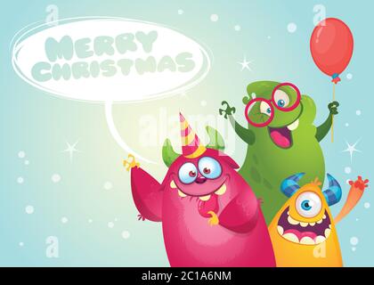 Allegro Natale cartoon cartolina saluto. Mostri all'illustrazione della festa Illustrazione Vettoriale