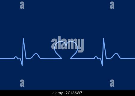 Frequenza del polso. Ritmo cardiaco. Linea heartbeat. Elettrocardiogramma normale, ECG, ECG con cuore al centro. Concetto di assistenza sanitaria. Blu su sfondo scuro. Illustrazione Vettoriale