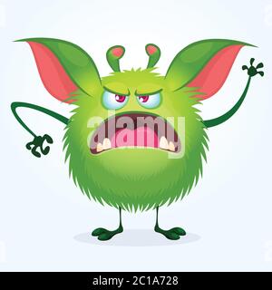 Mostro di capelli verde di cartoon arrabbiato. Grande collezione di simpatici mostri per Halloween. Illustrazione vettoriale isolata su sfondo bianco Illustrazione Vettoriale