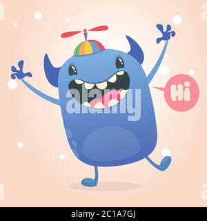 Simpatico mostro blu minuscolo nel cappello di bambino con balli ad elica. Illustrazione vettoriale del carattere mostro. Design per bambini libro, decorazione vacanza, st Illustrazione Vettoriale