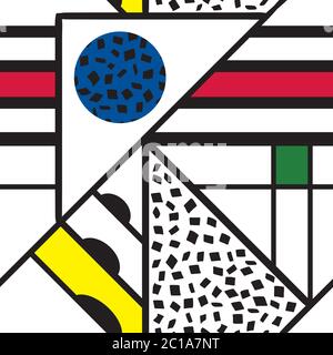Astratto sfondo vettoriale senza giunture stile Mondrian. Divertente sfondo geometrico Bauhaus colorato con rivestimento in cemento stile mosaico. Strisce, triangolo Illustrazione Vettoriale