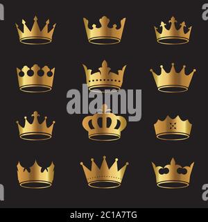 Set di corone e icone dorate vettoriali su sfondo nero. Illustrazione vettoriale. Emblema e simboli reali. Illustrazione Vettoriale