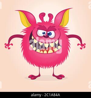 Mostro di cartone animato arrabbiato. Vector furry rosa mostro carattere su gambe piccole e grandi orecchie. Design Halloween Illustrazione Vettoriale