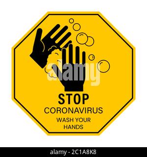 Adesivo con il testo Stop COVID-19 lavarsi le mani. Adesivo giallo e nero. Segnale di stop. Stop sign ottagonale con mano e rubinetto. Illustrazione Vettoriale