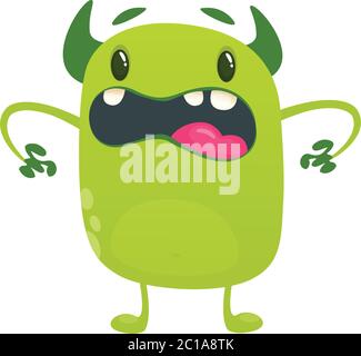Mostro alieno verde di cartoni animati arrabbiato. Grande collezione di simpatici mostri per Halloween. Illustrazione vettoriale. Illustrazione Vettoriale