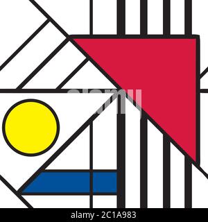 Astratto sfondo vettoriale senza giunture stile Mondrian. Divertente Bauhaus colorata griglia diagonale geometrica su strisce bianche di sfondo, triangolo, cerchio Illustrazione Vettoriale