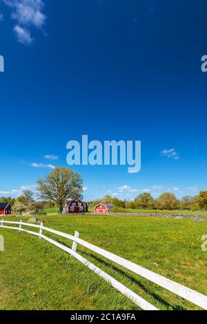 Vecchi edifici di fattoria in legno rosso con recinzione bianca a Smaland, Svezia Foto Stock