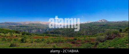 Vista del paesaggio di montagne e Valle di Kadisha aka Valle Santa in Libano Foto Stock