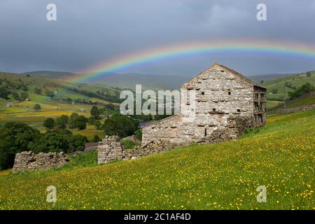 Rainbow sopra il fienile di pietra tradizionale nella valle di Swaledale, Muker, Yorkshire Dales National Park, North Yorkshire, Inghilterra, Regno Unito, Europa Foto Stock