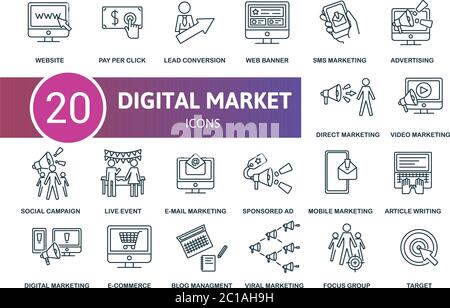 Set di icone Digital Marketing. La raccolta contiene la gestione dei blog, il marketing tramite e-mail, il marketing tramite sms, eventi live e icone. Elementi di marketing digitale Illustrazione Vettoriale
