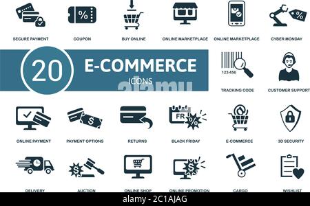 Set di icone e-Commerce. La collezione contiene wishlist, pagamenti sicuri, marketplace online, app di mercato e icone. Insieme di elementi di e-commerce. Illustrazione Vettoriale