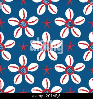 Cowrie shell sfondo vettoriale senza giunture. Mussel moderno disegnato a mano ripetere sfondo oceano fauna selvatica. Tema colore nautico. Stampa completa per Illustrazione Vettoriale