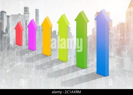 Illustrazione 3D che compone con la costruzione di affari e grafico di stock.freccia di simbolo in su, con sfondo grafico di stock, business di concetto e investimento, mar di stock Foto Stock