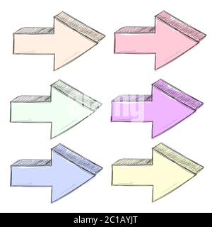 Freccia disegnata a mano. Doodles colorati semplici Illustrazione Vettoriale
