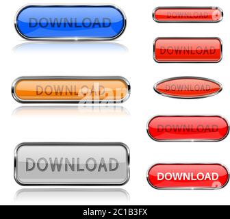 Pulsanti di download. Icone 3d colorate in vetro Web Illustrazione Vettoriale