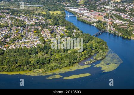 Vista aerea, vista sulla città di Heisingen, Ruhrschleife, santuario degli uccelli Heisinger Bogen, PESTE delle alghe DI ELODEA, Essen, zona della Ruhr, Renania settentrionale-Vestfalia, Germania Foto Stock