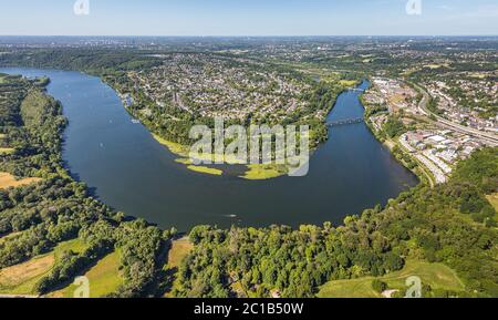 Vista aerea, vista città Heisingen, Ruhrschleife, santuario degli uccelli Heisinger Bogen, ELODEA Algenpest, Essen, zona Ruhr, Nord Reno-Westfalia, Germania, b Foto Stock