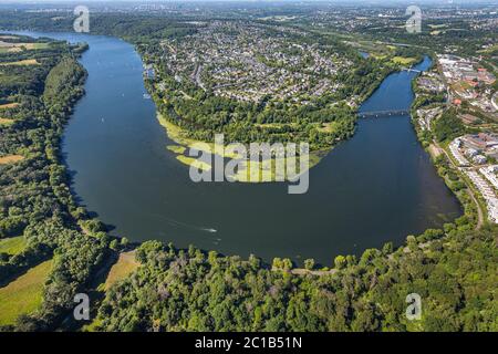 Vista aerea, vista città Heisingen, Ruhrschleife, santuario degli uccelli Heisinger Bogen, ELODEA Algenpest, Essen, zona Ruhr, Nord Reno-Westfalia, Germania, b Foto Stock