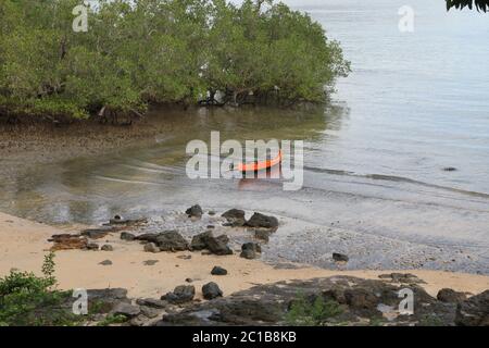 Canoa sulla spiaggia vicino mangrovie, Ampangorinana Village, Isola di Nosy Komba, Madagascar. Foto Stock