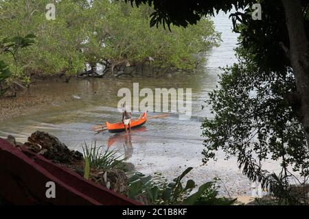 Pescatore locale con canoa sulla spiaggia vicino mangrovie, Ampangorinana Village, Nosy Komba Island, Madagascar. Foto Stock