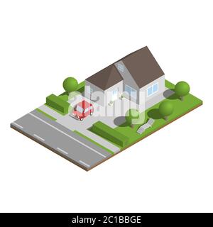 Casa isometrica suburbana con giardino e auto. Illustrazione Vettoriale
