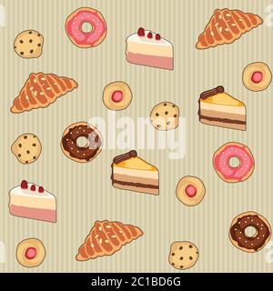 Modello da forno senza cuciture con ciambelle, torte e biscotti disegnati a mano Illustrazione Vettoriale