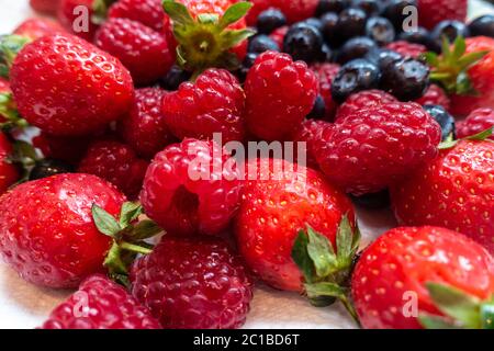 Primo piano con vista su frutti estivi, fragole, lamponi e mirtilli. Foto Stock