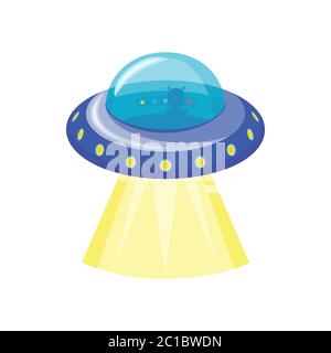 Icona della navicella spaziale UFO. Piatto volante con alieni all'interno. Simbolo di civiltà extraterrestre isolato su sfondo bianco. Illustrazione Vettoriale