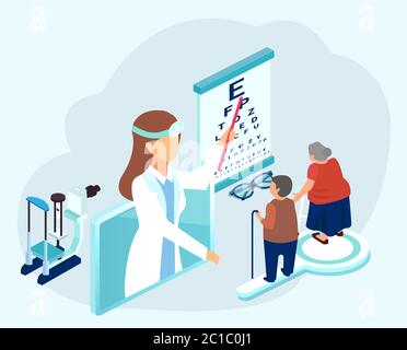 Vettore di un medico oftalmologo che esamina la vista di pazienti anziani uomo e donna con problemi di vista Illustrazione Vettoriale