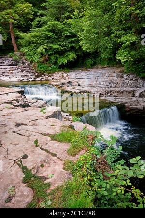 Il secondo e il terzo livello delle cascate Stainforth Force nello Yorkshire Dales, Regno Unito Foto Stock